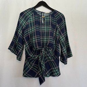 Krazy Kat 3/4 Sleeve Plaid Knot Front Blouse Blue/Green Size Small